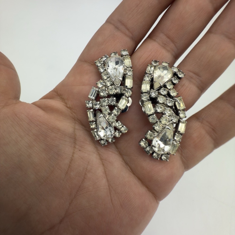 Vintage Signed Kramer Clear Rhinestone Earrings Climber Clip-On Statement